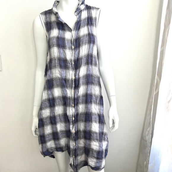CP Shades Women’s Dress Medium Linen Blue White Sleeveless Plaid Casual Button - Picture 1 of 9